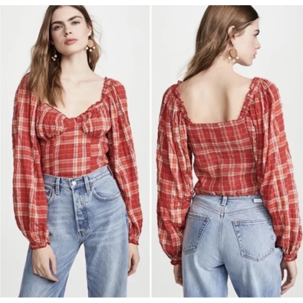 Free People Cherry Bomb Red Plaid Long Sleeve Blouse Size Small